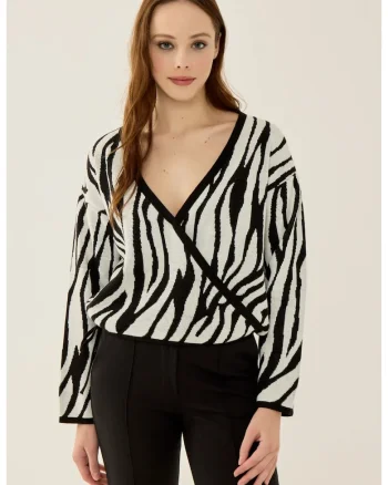 Pulover dama,  imprimeu zebra, decolteu in V, alb/negru, acril