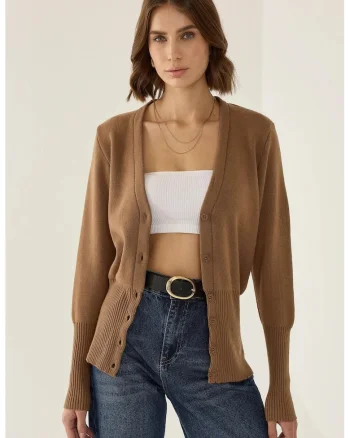 Cardigan,  tricotat semi-fit, decolteu in V, maro, acril