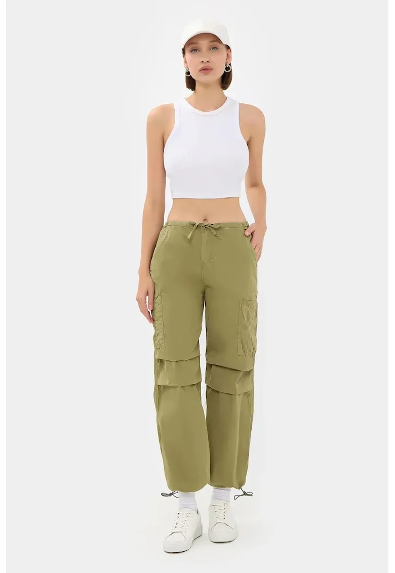 Pantaloni cargo,  talie medie, snur, verde, textil