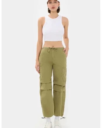 Pantaloni cargo,  talie medie, snur, verde, textil