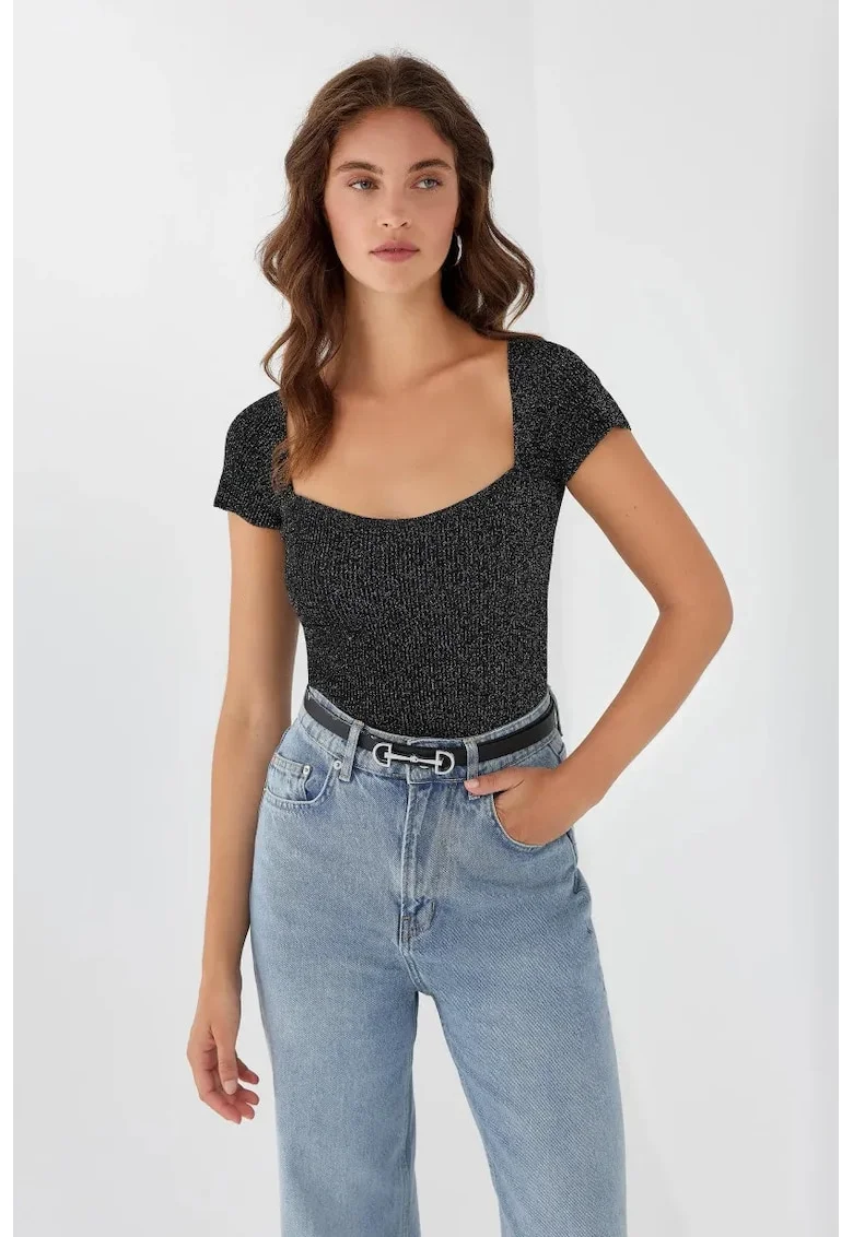 Bluza dama,  tricotata, guler patrat, negru, material acrilic, S INTL,