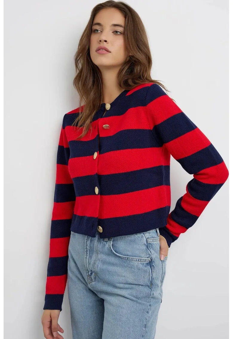 Cardigan tricotat cu dungi si nasturi,  rosu, acril