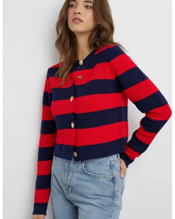 Cardigan tricotat cu dungi si nasturi,  rosu, acril