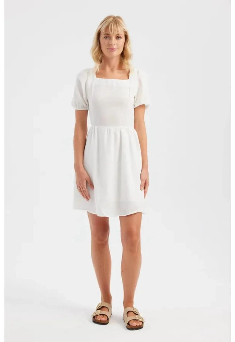 Rochie mini  maneca scurta, decolteu patrat, alb, material textil