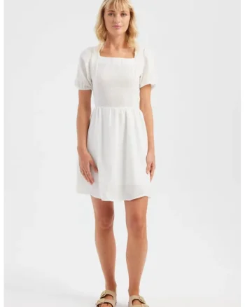 Rochie mini  maneca scurta, decolteu patrat, alb, material textil