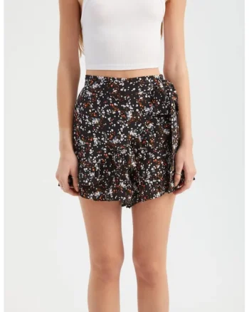 Pantaloni scurti dama,  talie inalta, imprimeu floral, negru, textil