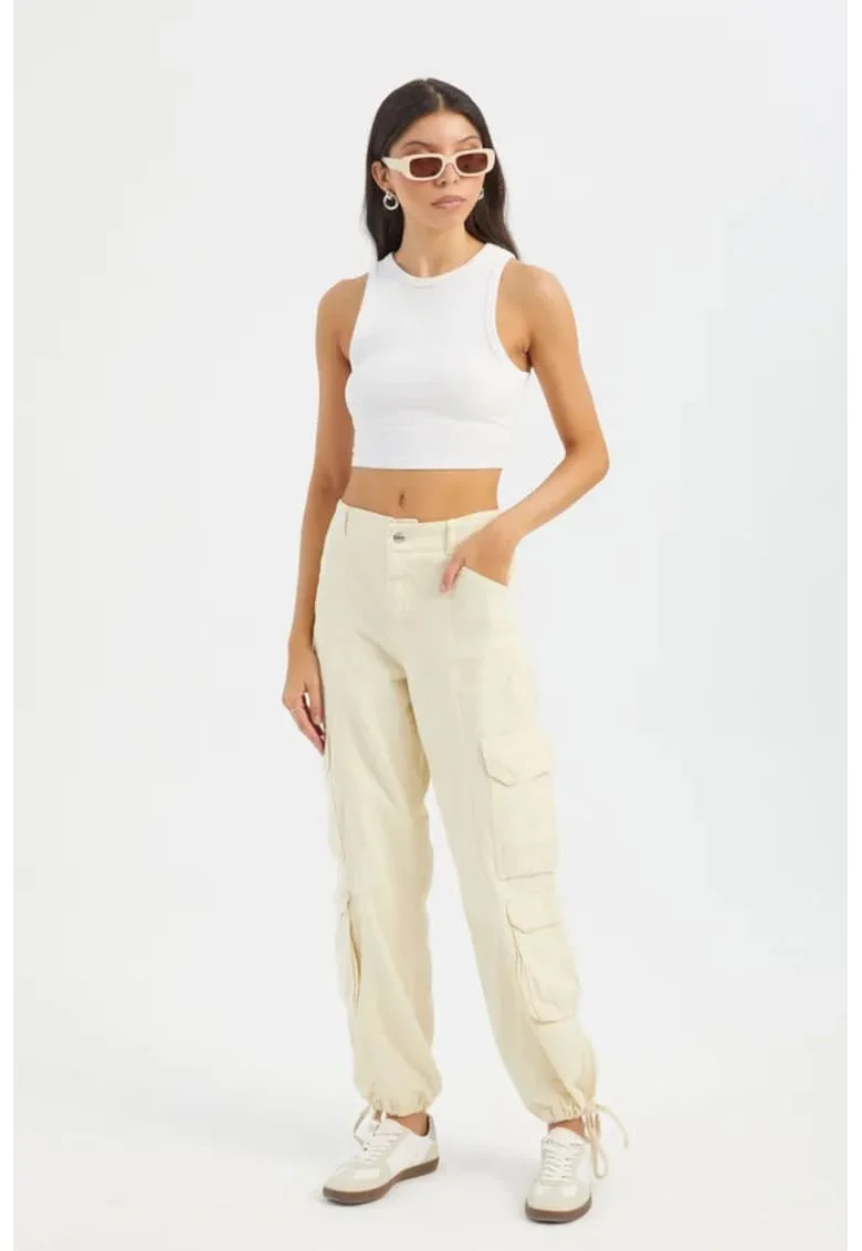 Pantaloni cargo,  talie medie, snur, alb, denim