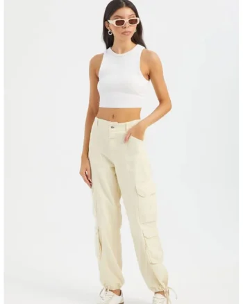 Pantaloni cargo,  talie medie, snur, alb, denim