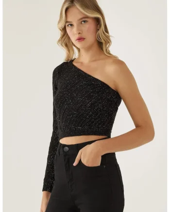 Bluza dama,  tricotata cu o maneca, negru, tricot