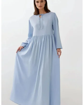 Rochie maxi,  croiala in A, guler rotund, albastru, textil