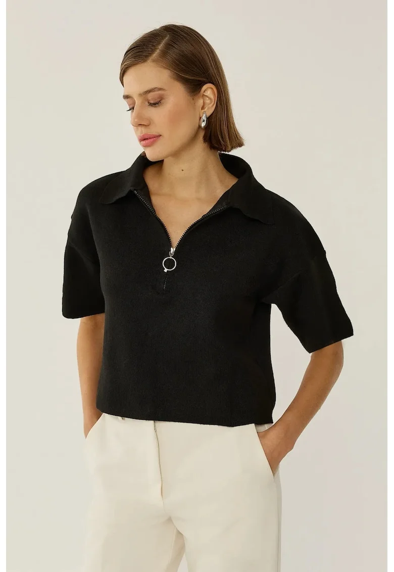 Pulover dama,  tricotat cu guler cu fermoar, slim fit, negru, acrilic