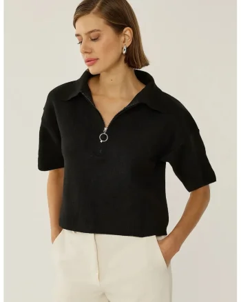 Pulover dama,  tricotat cu guler cu fermoar, slim fit, negru, acrilic