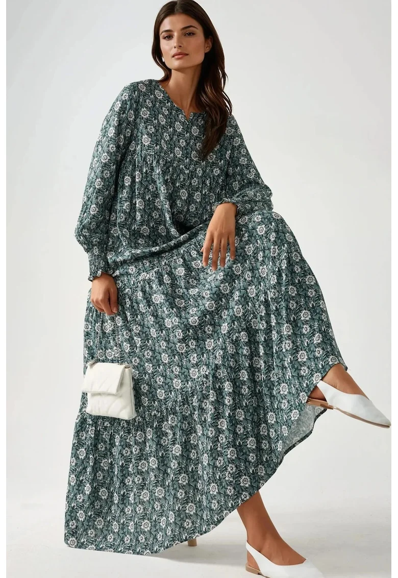 Rochie maxi  imprimeu, guler rotund, verde, viscoza