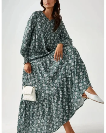 Rochie maxi  imprimeu, guler rotund, verde, viscoza