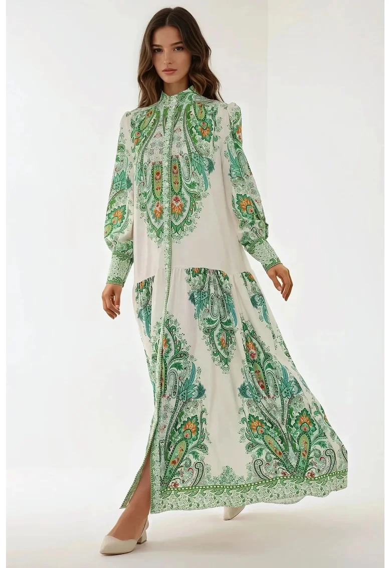 Rochie maxi,  imprimeu, verde, textil