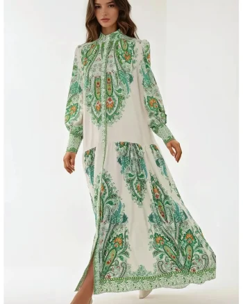 Rochie maxi,  imprimeu, verde, textil