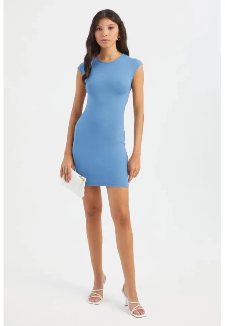 Rochie mini,  mulata, decupata la spate, albastra, jerseu
