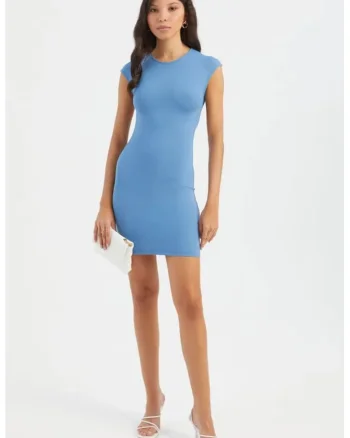 Rochie mini,  mulata, decupata la spate, albastra, jerseu