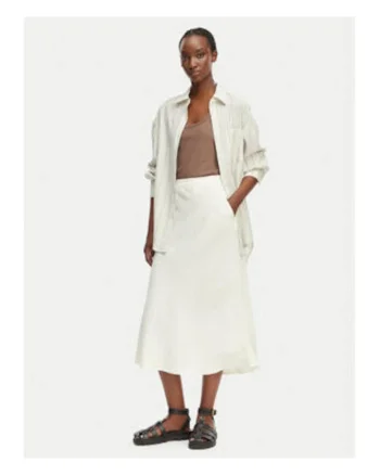 Fusta midi,  alb, material lejer din in si viscoza, stil casual