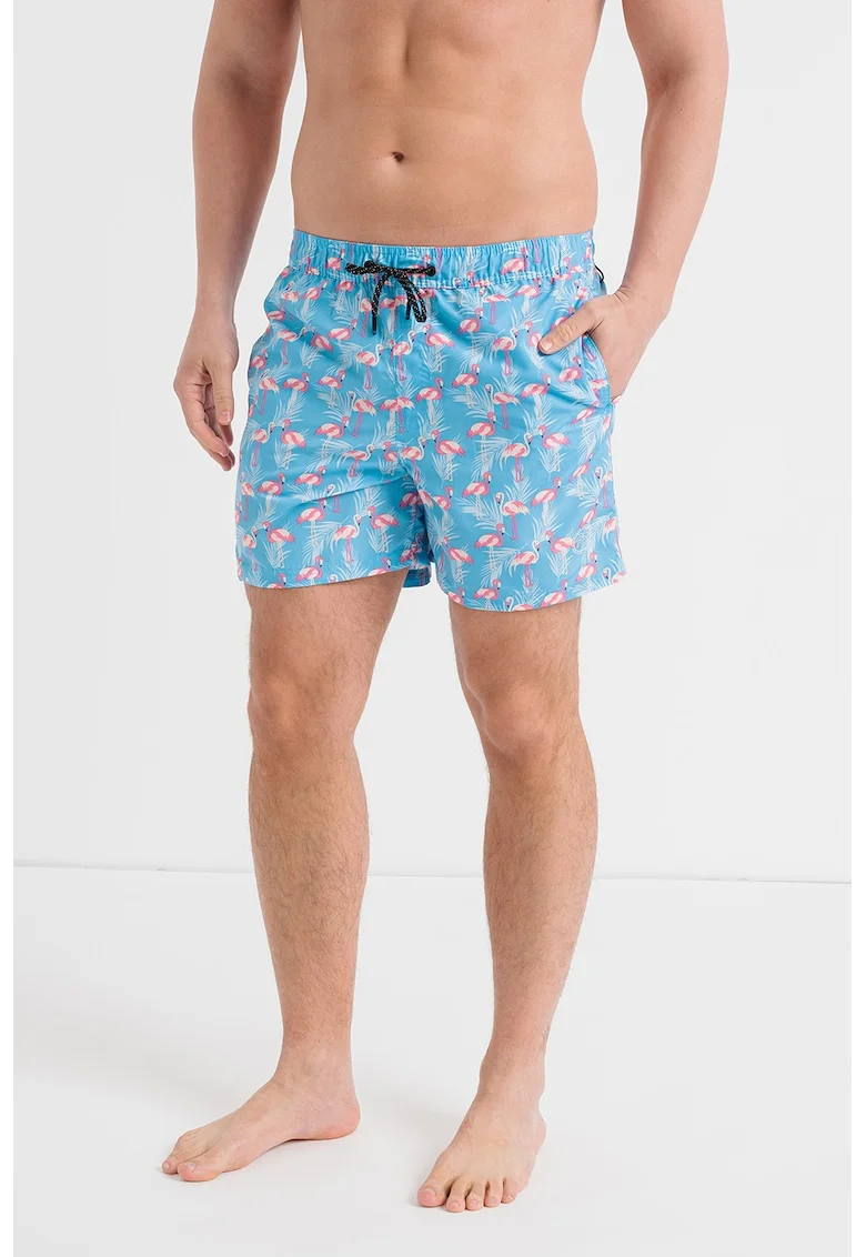 Pantaloni scurti de baie cu model grafic Fiji, Albastru pastel