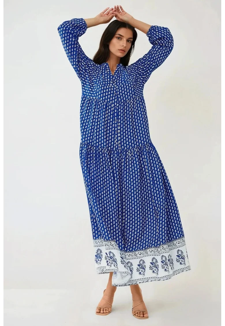 Rochie maxi,  imprimeu, decolteu in V, albastru, textil