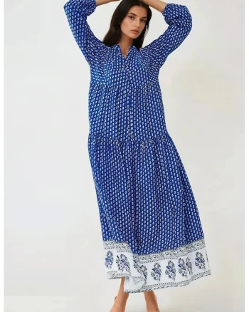 Rochie maxi,  imprimeu, decolteu in V, albastru, textil
