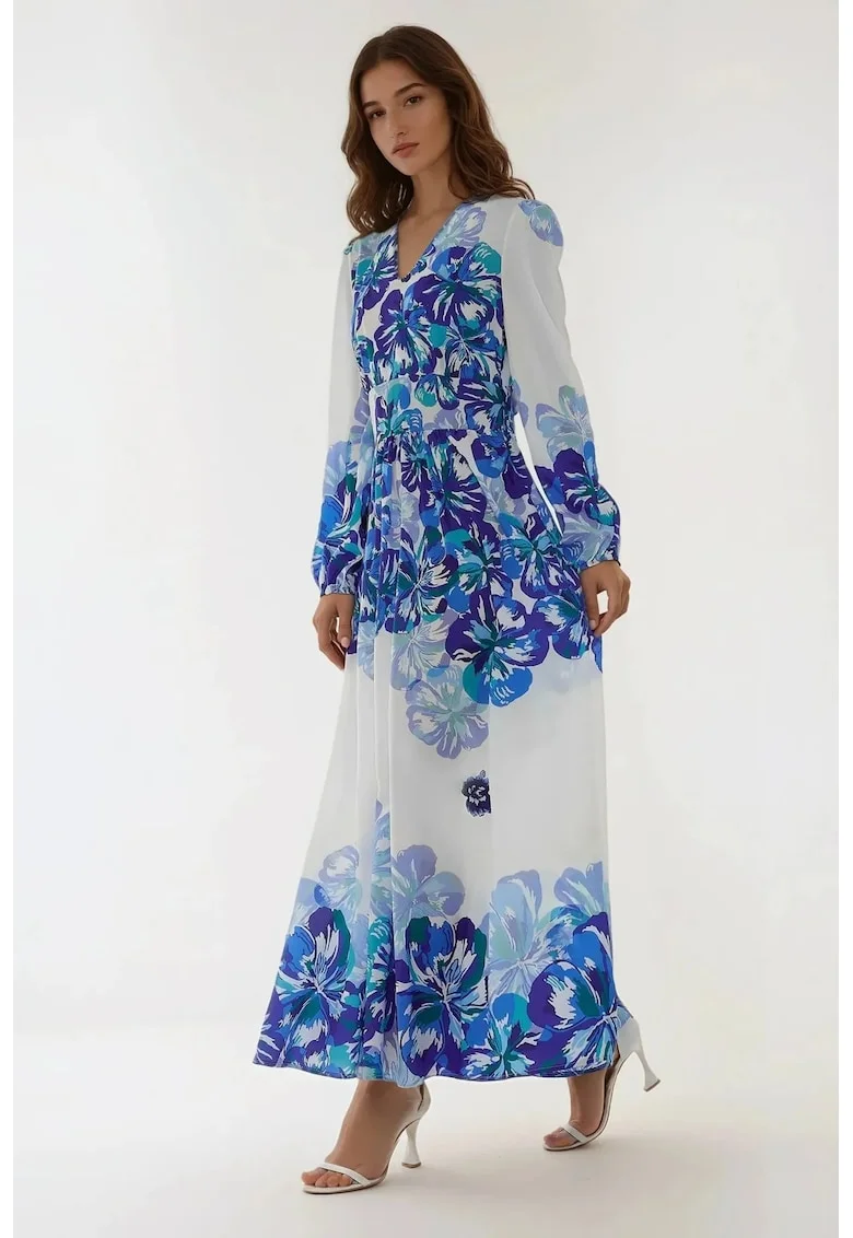 Rochie maxi,  decolteu in V, albastru, textil