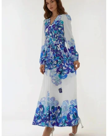 Rochie maxi,  decolteu in V, albastru, textil