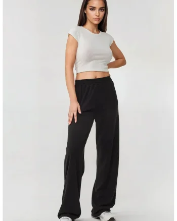 Pantaloni dama,  tricotati, talie elastica, negru, textil