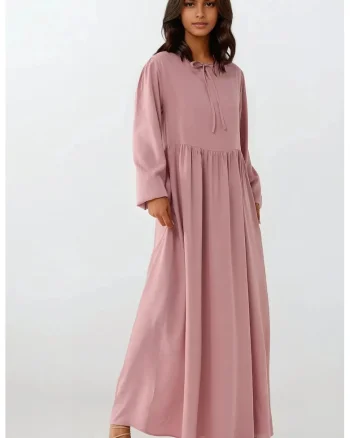 Rochie maxi,  croiala in forma de A, guler rotund, roz, textil