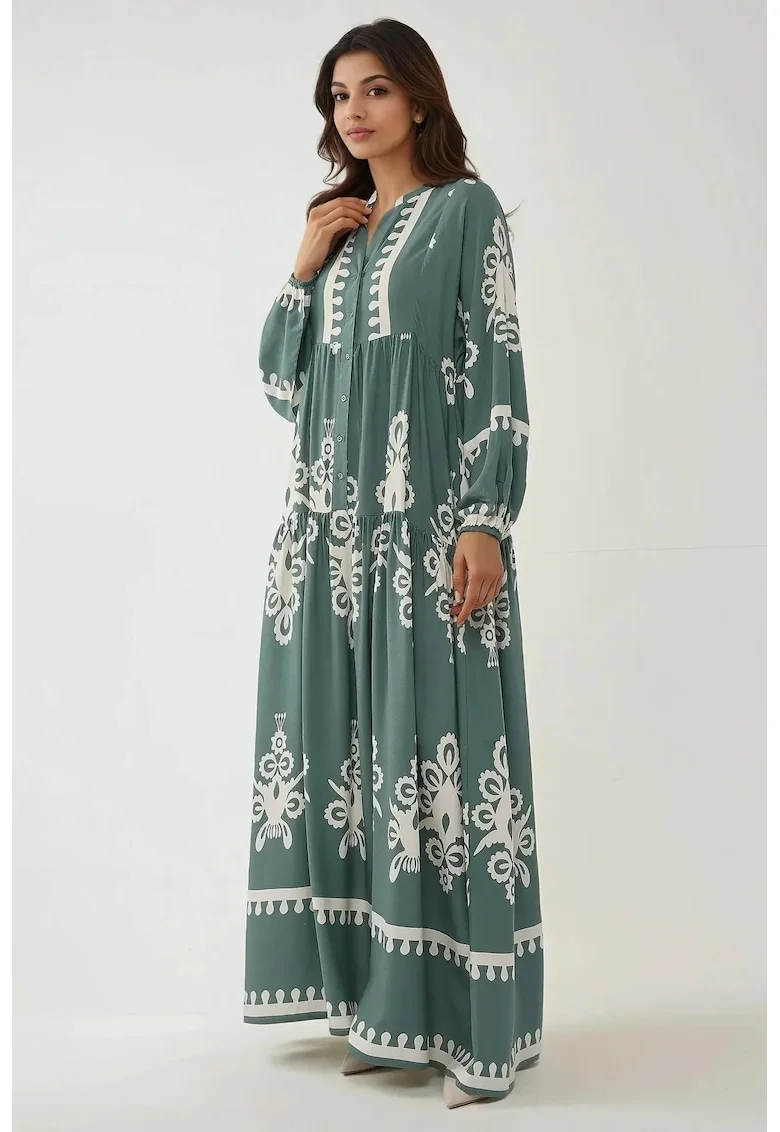 Rochie maxi  imprimeu, maneca lunga, verde, viscoza