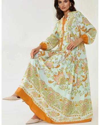 Rochie maxi  maneca lunga, imprimeu, portocalie, viscoza