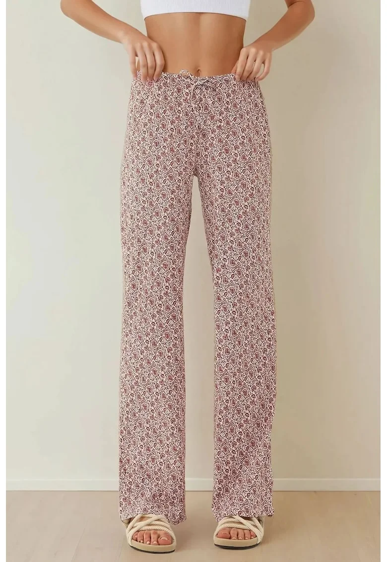 Pantaloni dama,  largi cu imprimeu, roz, poliester-elastan