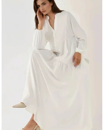 Rochie maxi,  texturata, decolteu in V, alb, textil