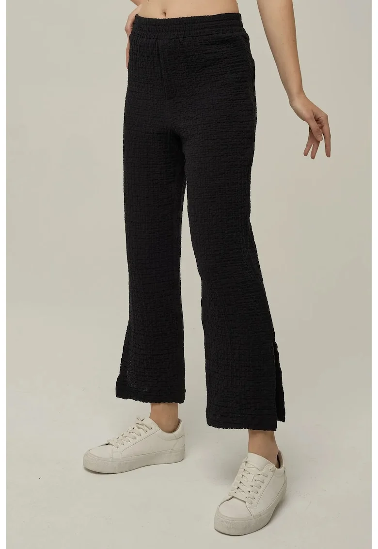 Pantaloni dama,  texturati, talie inalta, negru, bumbac-elastan