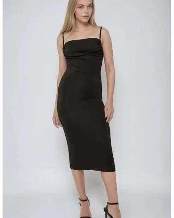Rochie midi mulata,  guler inalt, negru, jerseu