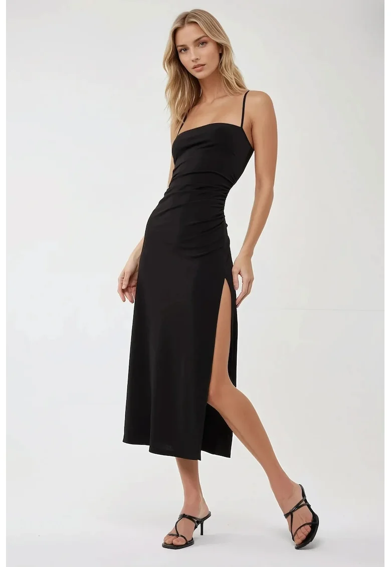 Rochie maxi,  crapatura laterala, guler inima, negru, jerseu