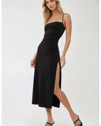 Rochie maxi,  crapatura laterala, guler inima, negru, jerseu