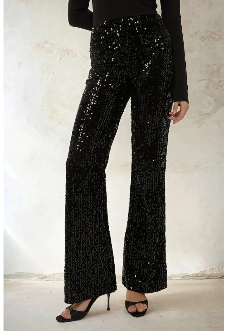 Pantaloni dama,  evazati cu paiete, negru, poliester-elastan