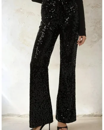 Pantaloni dama,  evazati cu paiete, negru, poliester-elastan