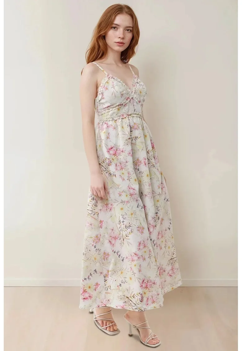 Rochie maxi  imprimeu floral, decolteu in V, bumbac, multicolor