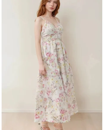 Rochie maxi  imprimeu floral, decolteu in V, bumbac, multicolor