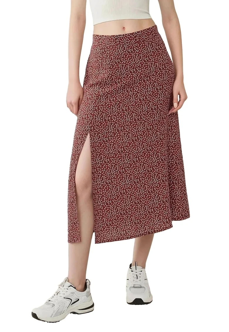 Fusta midi dama,  poliester, talie inalta, rosu