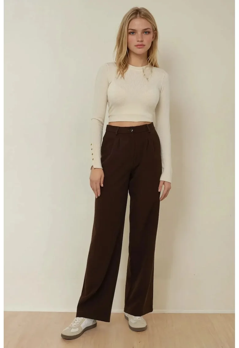 Pantaloni dama,  casual, croiala larga, maro, poliester-elastan