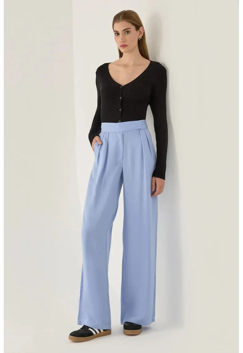 Pantaloni dama,  cu dantela, talie inalta, albastri, lyocell