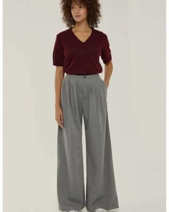 Pantaloni dama,  plisati, picior larg, gri, poliester-viscoza