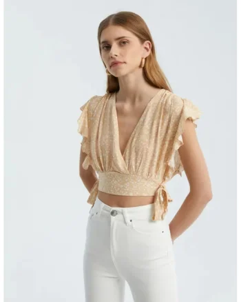 Top scurt,  decolteu in V, nod lateral, bej, textil