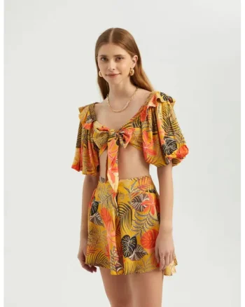 Top scurt,  maneci bufante, nod in fata, portocaliu, textil