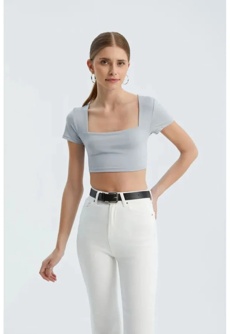Top dama,  crop basic, decolteu patrat, gri, jerseu