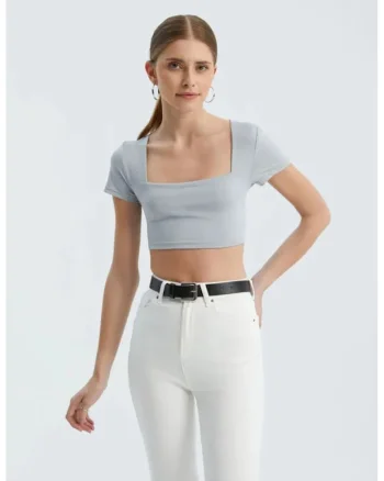 Top dama,  crop basic, decolteu patrat, gri, jerseu